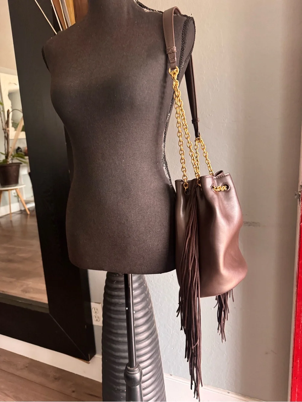 Zara Dark Brown Cow Leather Fringed Bucket Bag with Gold Chain Accents